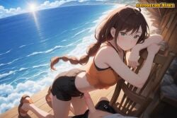1boy 1girl ahoge ai_generated antenna_hair arm_support armpit_crease ass bare_arms bare_shoulders belt black_hair black_shorts blue_eyes blue_sky blush braid braided_ponytail breasts brown_hair chair closed_mouth cloud cloudy_sky crop_top crop_top_overhang day dolphin_shorts drawstring dutch_angle erection fisheye from_side green_eyes hetero horizon kneeling lens_flare long_hair looking_at_viewer lying medium_breasts midriff mosaic_censoring navel nivora ocean open_fly orange_shirt outdoors patreon penis penis_out porch pov re:zero_kara_hajimeru_isekai_seikatsu sandals shaula_(re:zero) shirt shoes short_shorts shorts single_braid sky sleeveless sleeveless_shirt smile solo_focus stomach sun sunlight tank_top thighs uncensored water waves white_shirt wooden_chair wooden_floor