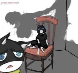 absurd_res ann_takamaki anthro atlus big_breasts blue_eyes bouncing_breasts breasts chair collar cuck_chair cuckold depression doggy_style domestic_cat felid feline felis female feral from_behind_position furniture group hair hi_res human male male/female male_feral mammal mask megami_tensei morgana_(persona) nero_watch nipple_outline on_chair open_mouth persona_(series) persona_5 reflection_in_eyes sad sega sex shadow sitting sitting_on_chair text tongue tongue_out trio url