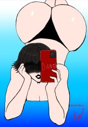 artist_name artist_signature ass_bigger_than_head ass_cleavage ass_crack ass_up black_hair black_lips black_lipstick black_panties curvy devil_may_cry devil_may_kai eyes_covered hand_on_head huge_ass huge_breasts huge_thighs lady_(devil_may_cry) massive_ass phone short_hair shortstack smiling smiling_at_viewer taking_picture