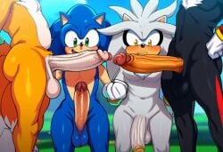 2_tails ai_generated anthro ball_size_difference balls big_balls big_penis blue_balls blue_body blue_fur blush canid canine clothing comparing comparing_penis echidna erection eulipotyphlan foreskin fox fur genitals glans gloves green_eyes group handwear hedgehog huge_cock humanoid_genitalia humanoid_penis male male/male mammal nude outside penis penis_size_difference phantomlamb pink_glans sega shadow_the_hedgehog silver_the_hedgehog smile sonic_(series) sonic_the_hedgehog sonic_the_hedgehog_(series) tails tails_the_fox vein veiny_penis