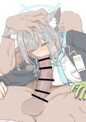 1girl animal_ears balls bar_censor big_cock big_dick big_penis big_penis_adoration blowjob blue_archive censor_bar censored censored_penis cock dick eyebrows_visible_through_hair fellatio female genitals heart large_penis mo_(kireinamo) mosouko penis shiroko_(blue_archive) size_queen struggling testicles too_big