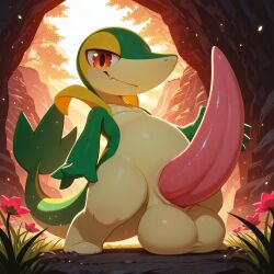 ai_generated animal_genitalia anthro balls big_balls big_penis conditional_dnp cute_fangs detailed_background digital_media_(artwork) erection flower generation_5_pokemon genitals hi_res huge_balls huge_cock looking_at_viewer male ninfia nintendo outside penis plant pokemon pokemon_(species) presenting red_eyes reptile scalie smile snivy solo tapering_penis thick_penis tree