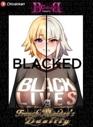 2girls ai_assisted ai_generated bb_channel black_lives_matter black_shirt blacked blue_eyes chiodokan cover disgusted edit edited face fate/grand_order fate_(series) france french_female gigantic_ass huge_breasts jeanne_alter jeanne_d'arc_(alter)_(fate) jeanne_d'arc_(fate) jeanne_d'arc_(fate)_(all) jeanne_d'arc_alter_(fate) light-skinned_female long_hair looking_at_viewer pale-skinned_female pale_skin prostitute prostitution short_hair smile tsundere upper_body whored_out yellow_eyes