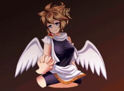 angel angel_wings animated bike_shorts blush breasts brooch brown_hair clothed_sex datensip female genderswap_(mtf) hair_ornament hand_holding happy_sex heart heart-shaped_pupils implied_sex jewelry kid_icarus looking_at_viewer nintendo pit pit_(kid_icarus) purple_eyes rule_63 smile spiked_hair symbol-shaped_pupils wings