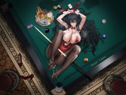 8-ball absurdres animal_ear_hairband animal_ears armpits arms_up azur_lane ball beer_mug billiard_ball billiards black_hair bow bowtie breasts cleavage commentary_request commission condom cue_stick cum cum_on_body cum_on_feet cup fake_animal_ears female hairband highres holding holding_cue_stick huge_breasts large_breasts leotard long_hair mug official_alternate_costume on_table pantyhose pixiv_commission playboy_bunny pool_table rabbit_ear_hairband rabbit_ears red_bow red_bowtie red_eyes red_leotard solo strapless strapless_leotard table taihou_(azur_lane) taihou_(fun_on_the_baize)_(azur_lane) thigh_bow torn_clothes torn_pantyhose tray undersized_breast_cup white_wrist_cuffs wrist_cuffs yoyoleaf