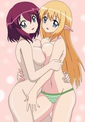 2girls blonde_hair blue_eyes breast_press breasts cousins elf female henrietta_de_tristain human humanoid incest interspecies kuro_hopper kusakabe330 long_hair medium_breasts nipples nipples_touching no_bra nude oekaki panties pointy_ears purple_hair short_hair striped striped_panties symmetrical_docking tiffania_westwood underwear yuri zero_no_tsukaima