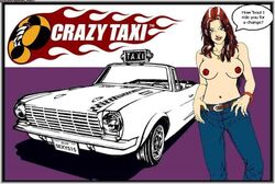 1girls areolae belt blue_eyes bracelet breasts car crazy_taxi denim female gena_(crazy_taxi) hands_on_hips human lipstick long_hair navel necklace nipples pants smile solo standing tagme taxi text topless