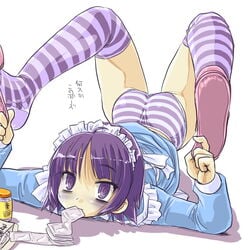 1girls 2chan ass chest_stand condom condom_in_mouth contortion dd_(artist) female female_only flexible futaba futaba_channel maid mouth_hold nijiura_maids panties purple_eyes purple_hair purple_panties purple_pantyhose purple_striped_panties scorpion_pose solo striped striped_legwear striped_panties striped_thighhighs thighhighs translated underwear upside-down yakui