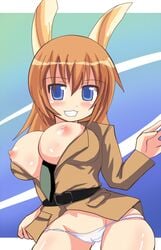 blush breasts brown_hair charlotte_e_yeager clothing comord komoodo large_breasts long_hair nipples panties strike_witches underwear