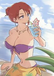 1girls alternate_hairstyle arm_support artist_request beach big_breasts bikini breasts brown_hair busty cleavage clothing drinking female female_only front-tie_bikini_top front-tie_top hair_bun highres jewelry kanzaki_sumire large_breasts legs navel necklace ocean purple_bikini purple_eyes sakura_taisen sakura_wars sarong sega shin_sakura_taisen sitting swimsuit thighs voluptuous water