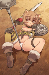 animal_ears bikini blade_(galaxist) blush boots breasts brown_eyes brown_hair cat_ears choker club fantasy_earth_zero gloves leg_straplying lying mace midriff navel nipple_slip nipples nude open_mouth panties shield spread_legs swimsuit sword tear underwear weapon white_panties