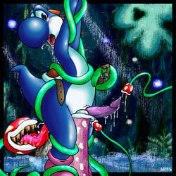 anal anal_sex belt blue_eyes cum fellarts male_only mario_(series) nintendo no_humans open_mouth penis penis_suction piranha_plant purple_penis smooth_skin tail yoshi yoshi's_island