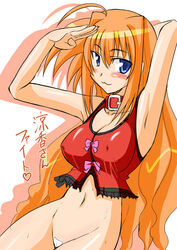 arf armpits blue_eyes blush bottomless collar long_hair lyrical_nanoha maebari mahou_shoujo_lyrical_nanoha mahou_shoujo_lyrical_nanoha_a's mahou_shoujo_lyrical_nanoha_strikers midriff pzeros red_hair salute vita zerosu_(take_out)