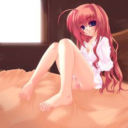 barefoot bed blush bottomless dress_shirt frapowa hair_down lyrical_nanoha mahou_shoujo_lyrical_nanoha mahou_shoujo_lyrical_nanoha_a's mahou_shoujo_lyrical_nanoha_strikers no_pants open_clothes open_shirt panties pantyshot pantyshot_(sitting) pantyshot_sitting pink_panties red_hair shirt sitting solo underwear vita