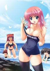 bikini black_socks blue_eyes blush breasts brown_eyes cleavage kousaka_tamaki large_breasts long_hair milfa name_tag nipple_slip nipples one-piece_swimsuit pink_hair red_hair robot_ears school_swimsuit socks stockings swimsuit thigh_socks thighhighs to_heart_(series) to_heart_2 to_heart_2_another_days undressing water wet yuzuhara_konomi