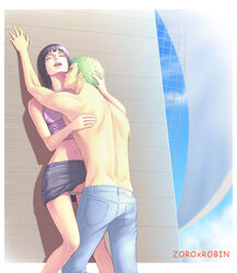 1boy 1girls 2d against_wall arms_around_partner aroused black_hair black_skirt censored clothed clothed_sex consensual crop_top earrings female fingering green_hair hand_against_wall hand_under_skirt happy happy_sex horny horny_female hug jeans jewelry kissing kissing_neck male muscle navel nico_robin one_piece penis pirate pre-timeskip roronoa_zoro sex ship skirt sky standing straight straight_hair topless topless_male wholesome