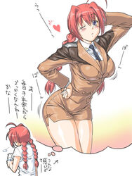 braid breasts jon_shicchiou jyon_shicchiou large_breasts lyrical_nanoha mahou_shoujo_lyrical_nanoha mahou_shoujo_lyrical_nanoha_a's mahou_shoujo_lyrical_nanoha_strikers milk miniskirt necktie red_hair skirt text tied_hair translated twin_braids twintails uniform vita wink