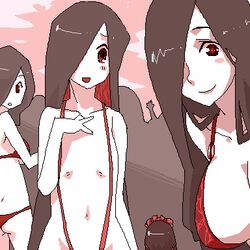 2chan black_hair flat_chest futaba_channel hair_over_one_eyes lowres multiple_girls nijiura_maids oekaki ozoi red_eyes red_swimsuit smile string_bikini swimsuit