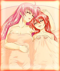 agito bed blush breasts closed_eyes female long_hair lyrical_nanoha mahou_shoujo_lyrical_nanoha mahou_shoujo_lyrical_nanoha_a's mahou_shoujo_lyrical_nanoha_strikers multiple_girls nude pink_hair pointy_ears shirogane_kihen signum sleeping yuri