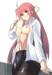 breasts date_(artist) green_eyes long_hair lyrical_nanoha mahou_shoujo_lyrical_nanoha mahou_shoujo_lyrical_nanoha_a's mahou_shoujo_lyrical_nanoha_strikers nipples no_bra open_clothes open_shirt panties panties_under_pantyhose pantyhose pink_hair shirt signum underwear