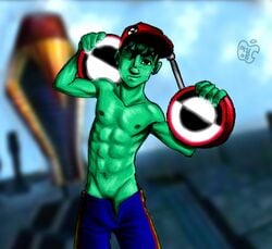 1boy 2008 abs artist_request black_hair enzo_matrix green_skin hat male male_nipples male_only reboot solo topless