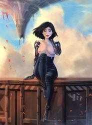 1girls 2019 alita alternate_version_available areola areolae battle_angel_alita black_gloves black_hair breasts clothing color colored cyborg dark_hair detailed_background exposed_breasts female female_focus female_only fingerless_gloves gloves hair light-skinned_female light_skin lipstick long_hair looking_at_viewer makeup nipples no_bra open_eyes outdoors robotic_arm short_hair sitting solo solo_female solo_focus tattiart topless uncensored