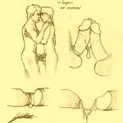 2boys docking foreskin frottage gay graphite_(artwork) male_only precum precum_bridge sketch