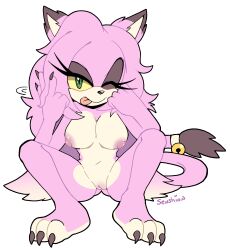 2024 absurd_res anthro areola breasts crouching fan_character felid feline female fur genitals green_eyes hi_res looking_at_viewer mammal navel nipples nude pink_body pink_fur pussy senshion smile smiling_at_viewer solo sonic_oc white_body white_fur yellow_sclera