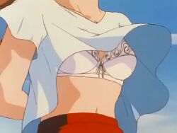 1995 1girls animated blue_seed bra close-up gif loose_clothes loose_shirt midriff momiji_fujimiya screencap skirt solo solo_female solo_focus wind