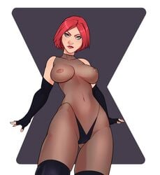 1girls black_widow_(marvel) breasts female female_only human human_only light-skinned_female light_skin looking_at_viewer marvel marvel_comics natasha_romanoff nipples panties red_hair reolae see-through_bodysuit see-through_clothing solo solo_female superboin thighhighs voluptuous