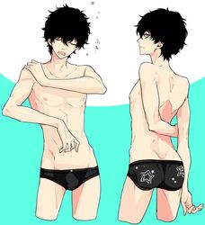 1boy atlus black_hair bulge closed_eyes grey_eyes hiokirasu joker_(persona) male male_only megami_tensei open_mouth persona persona_5 ren_amamiya shin_megami_tensei solo solo_focus swimsuit tagme