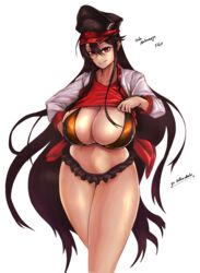 1girls aged_up black_hair breasts cleavage clothing fate/grand_order fate_(series) hat huge_breasts looking_at_viewer oda_nobunaga_(fate) red_eyes shirt_lift smile swimsuit wet zer0artzer0