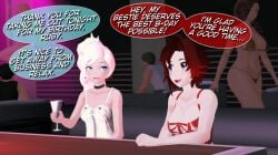 2girls arrancon background_character black_hair black_hair_female blue_eyes dress english_text female half-dressed half_naked happy_birthday human multiple_girls red_highlights ruby_rose rwby silver_eyes strip_club text weiss_schnee white_hair white_hair_female