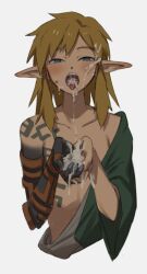 blonde_hair cum cum_in_hair cum_in_hands cum_in_mouth cum_on_face cum_on_hand cum_on_hands cupped_hands elf_ears hylian hylian_ears kokekokeimo link link_(tears_of_the_kingdom) long_hair male_focus male_only pointy_ears tagme tears_of_the_kingdom the_legend_of_zelda tongue tongue_out white_background yaoi