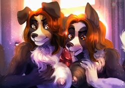 2019 5_fingers anthro anthro_on_anthro areola black_nose breasts brown_eyes brown_hair canid canine canis cara_(juracollie) daughter detailed_background domestic_dog eri-yo faceless_male female hair incest jura_(juracollie) male mammal mother mother_and_daughter nipples outercourse paizuri parent penis sex straight young