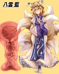 absurdres animal_hat blonde_hair blue_tabard cervix cross_section dress endometrium female fox_shadow_puppet fox_tail frilled_dress frilled_hat frills full_body hair_between_eyes hand_up hat head_tilt highres kitsune kyuubi labia_minora looking_at_viewer mahimaru medium_hair mob_cap multiple_tails myometrium oerba_yun_fang perimetrium pussy_juice ran_yakumo sleeve_garter socks solo standing tabard tail tails tassel textless_version touhou translation_request uterus white_dress white_hat white_socks wide_sleeves yakumo_ran yellow_background yellow_eyes