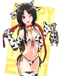 1girls bell bell_choker bikini black_hair breasts choker cow_ears cow_horns cow_print cow_print_bikini cow_print_gloves cow_print_swimsuit cow_print_thighhighs ear_tag elbow_gloves fake_animal_ears fake_horns gloves holding_whip long_hair looking_at_viewer medium_breasts midriff navel nm_(tshell2761) original purple_eyes swimsuit thighhighs whip