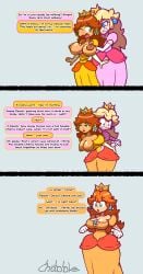 blonde_hair brown_hair chabble comic english_text fusion fusion_character large_breasts mario_(series) merging nintendo orange_hair page_2 princess_blossom_(chabble) princess_daisy princess_peach super_mario_bros. text thick_thighs transformation