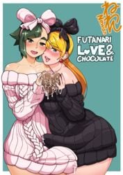 2futas :p aran_sweater bangs bare_shoulders black_bow black_hairband blonde_hair blue_eyes blush bow breast_press breasts cheek-to-cheek chocolate chocolate_heart commentary_request cum cum_in_clothes cum_on_food cum_through_clothes cute_fang dress erection erection_under_clothes eva_(neone-x) eyebrows_visible_through_hair futa_with_futa futanari green_eyes green_hair hairband heart heart_hands heart_hands_duo intersex lipstick long_hair makeup medium_breasts multiple_girls neone-x off-shoulder_sweater off_shoulder open_mouth original pink_bow pink_hairband pink_sweater precum ribbed_sweater sakura_(neone-x) short_hair sweater sweater_dress swept_bangs thick_eyebrows tongue tongue_out