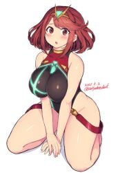 1girls black_one-piece_swimsuit black_swimsuit breasts competition_swimsuit core_crystal kneeling large_breasts looking_at_viewer nintendo one-piece_swimsuit pyra red_eyes red_hair saltydanshark short_hair swimsuit tiara xenoblade_(series) xenoblade_chronicles_2