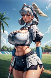 1girls abs ai_generated baseball_field baseball_uniform big_breasts blue_eyes eyes female female_only head_wings huge_breasts light-skinned_female light_skin melia_antiqua monolith_soft muscular_female navel outside standing thick thick_thighs voluptuous voluptuous_female white_hair xenoblade_(series) xenoblade_chronicles