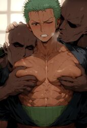 abs ai_generated aru_(pixiv1293902) blush chest dubious_consent gay male male_focus male_only male_tits muscular muscular_male nipples one_piece pecs pecs_grab post-timeskip roronoa_zoro sucking_nipples ugly_bastard ugly_man yaoi