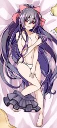 ass belly belly_button breasts covered_nipples date_a_live light-skinned_female long_hair naked naked_female panties purple_eyes purple_hair skirt skirt_around_one_leg solo solo_female thighs yatogami_tohka