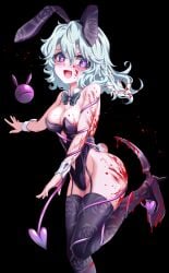 :d alternate_costume animal_ears bare_shoulders black_background black_footwear black_leotard black_thighhighs blood blood_drip blood_in_hair blood_on_arm blood_on_breasts blood_on_clothes blood_on_face blood_on_leg blush bow bowtie breasts cleavage clothing_cutout crazy_eyes crazy_smile curvy detached_collar diamond_(shape) eyelashes eyes_visible_through_hair fake_animal_ears fake_tail female floating_hair floral_print foot_out_of_frame foot_up furrowed_brow garter_straps green_bow green_bowtie green_eyes green_hair groin hair_between_eyes hand_up heart heart-shaped_ornament heart-shaped_pupils high_heels highleg highleg_leotard highres implied_murder komeiji_koishi leotard looking_at_viewer medium_breasts medium_hair navel navel_cutout nomayo open_mouth pink_pupils playboy_bunny print_thighhighs rabbit_ears rabbit_tail rose_print simple_background skindentation smile solo standing standing_on_one_leg strapless strapless_leotard symbol-shaped_pupils tail thighhighs thighs third_eye touhou wavy_hair weapon weapon_request white_wrist_cuffs wrist_cuffs
