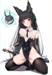 1girls absurdres alternate_breast_size alternate_costume animal_ear_fluff animal_ears black_hair black_leotard black_thighhighs blunt_bangs breasts detached_collar female fox_ears fox_girl full_body highres himeliofon holding holding_sword holding_weapon hoshimi_miyabi leotard long_hair looking_at_viewer medium_breasts playboy_bunny red_eyes sidelocks simple_background solo sword thighhighs thighs weapon white_background zenless_zone_zero