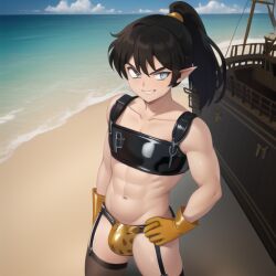 ai_generated beach black_hair blue_eyes blush bulge inuyasha koga latex smile tagme thong