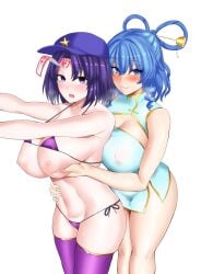 2girls big_breasts blue_eyes blue_hair blue_hair_female blush boobs bra breasts chin_(motio7201) clothing female female/female female_only female_with_female girls girls_only grabbing_another's_breast grabbing_breasts groping_breast hand_on_breast kaku_seiga large_breasts lesbian multiple_girls purple_eyes purple_hair purple_hair_female purple_panties purple_underwear seiga_kaku stockings touhou white_background yoshika_miyako yuri zombie_girl