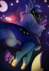 anthro balls bed bottomless clothed clothing festive_winter furniture genitals glowing hackainax hi_res machine male male_focus male_only pawpads penis plushie protogen sleeping solo