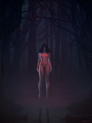 breasts completely_nude female koelet3d levitation light-skinned_female looking_at_viewer nipples nude outdoors pubic_hair red_eyes solo the_witcher_(series) the_witcher_3:_wild_hunt yennefer
