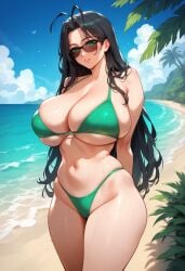 1girls ai_generated antenna_hair beach black_hair bombacopta green_bikini green_eyes hasegawa_chisato huge_breasts mature_female shinmai_maou_no_testament sunglasses thick_thighs tinted_eyewear